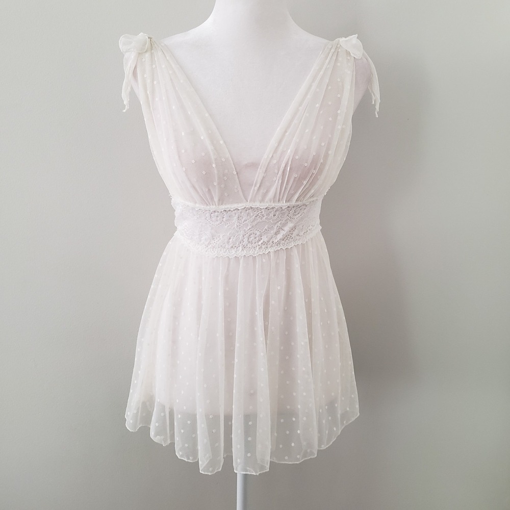 Y2K White Lacey Babydoll Top SMALL Fairy Coquette Sheer Mesh Swiss Dot Bow Bride